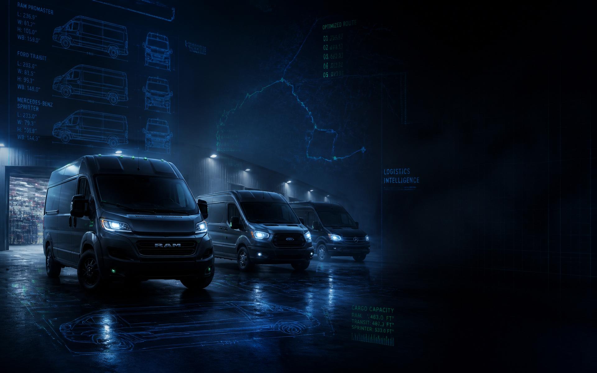 Cinematic cargo vans with blueprint schematics and route mapping