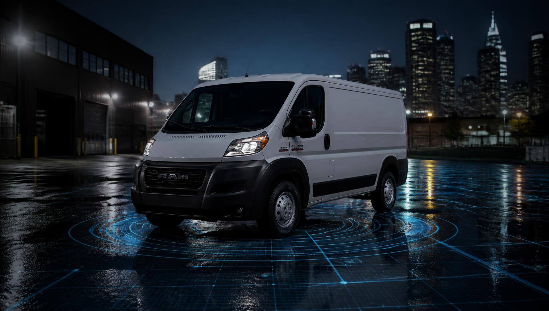 Ram ProMaster cargo van at blue hour in an urban delivery yard with cyan GPS pulse rings on the pavement