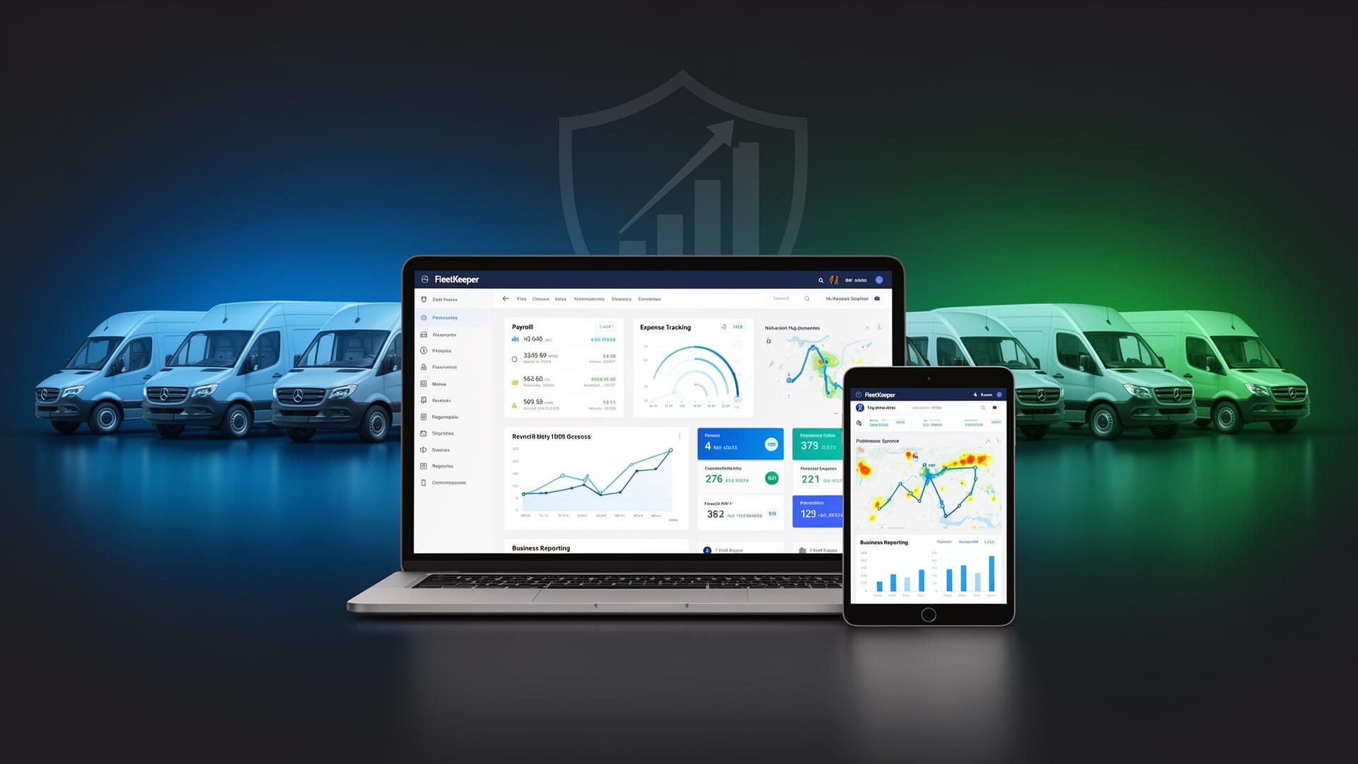 FleetKeeper business management dashboard with payroll, expenses, route profitability, and cargo van fleet visuals