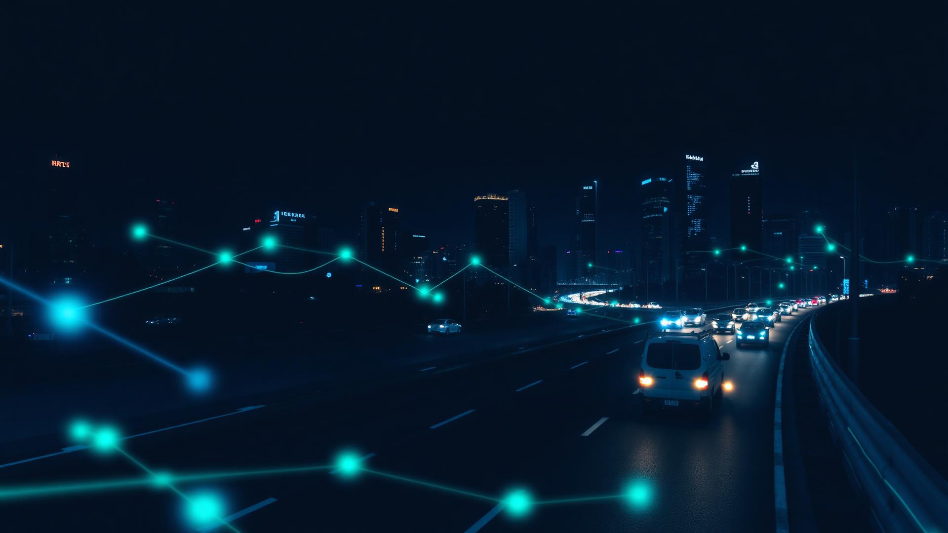 Cargo vans on a night highway with digital network overlay
